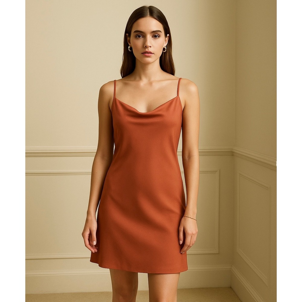 Terracotta Satin‎ Slip Midi Dress Quiet Luxury Evening Minimalist Elegance 2